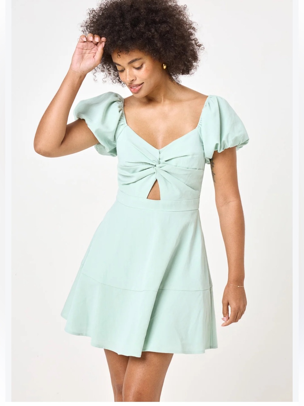 Trixxi Puff-Sleeve Knot Front Mini Dress - Light Sage Bnwt